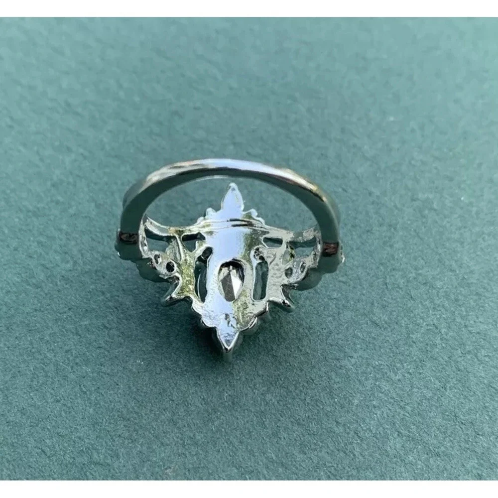 Elaborate Moonstone Crown Fashion Ring. Silver Tone With Clear Crystals Size 7.5